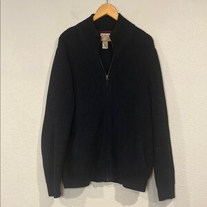 LL Bean organic cotton waffle knit zip front sweater navy L